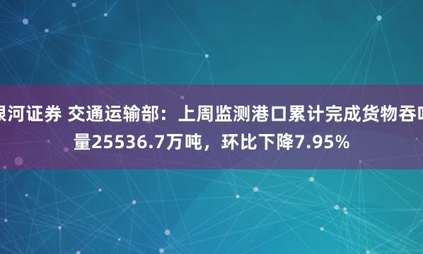 银河证券 交通运输部：上周监测港口累计完成货物吞吐量25536.7万吨，环比下降7.95%